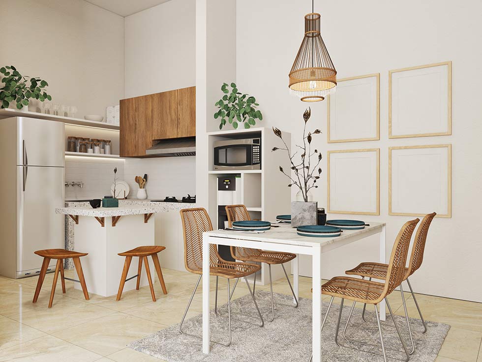 Four seater marble dining table with cane chairs - Beautiful Homes